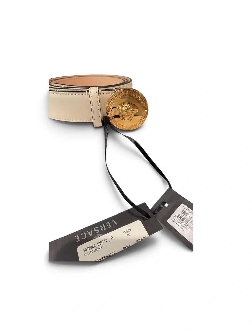Versace NWT Cream Leather Belt with Gold Medusa Coin Buckle